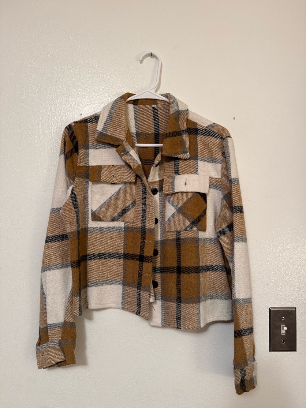 Women's Plaid Shacket Jacket - Camel & Cream